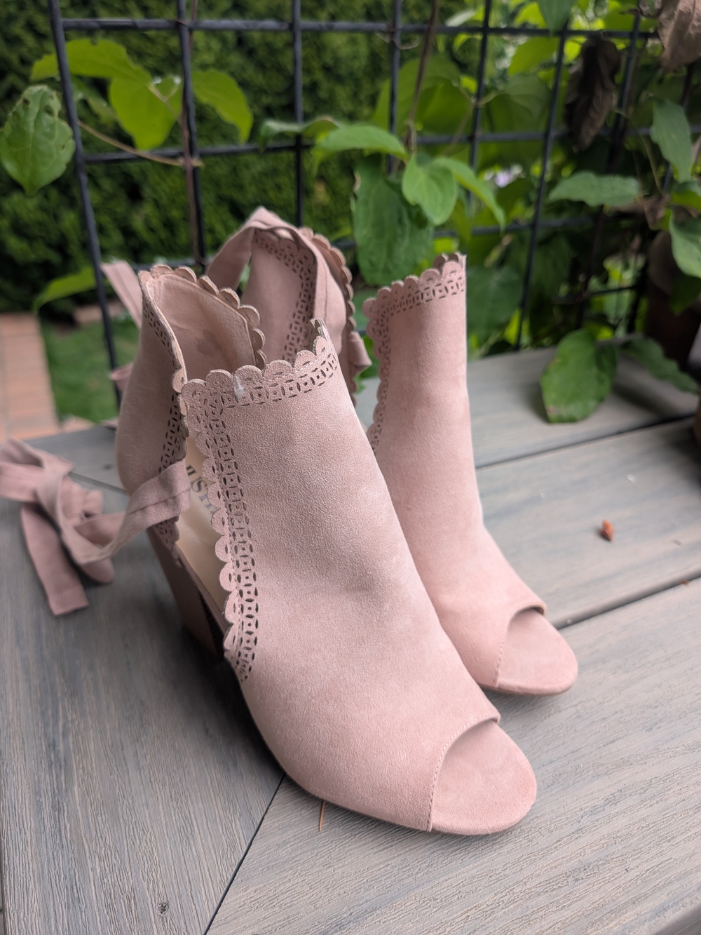 Women's Pink Suede Peep-Toe Scalloped Ankle Boots